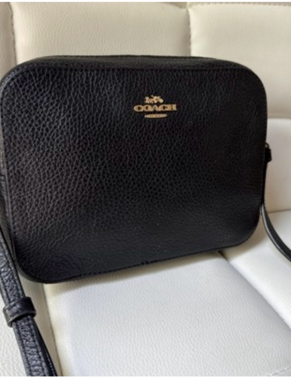 Coach Black Pebbled Leather Camera Crossbody with Gold Logo